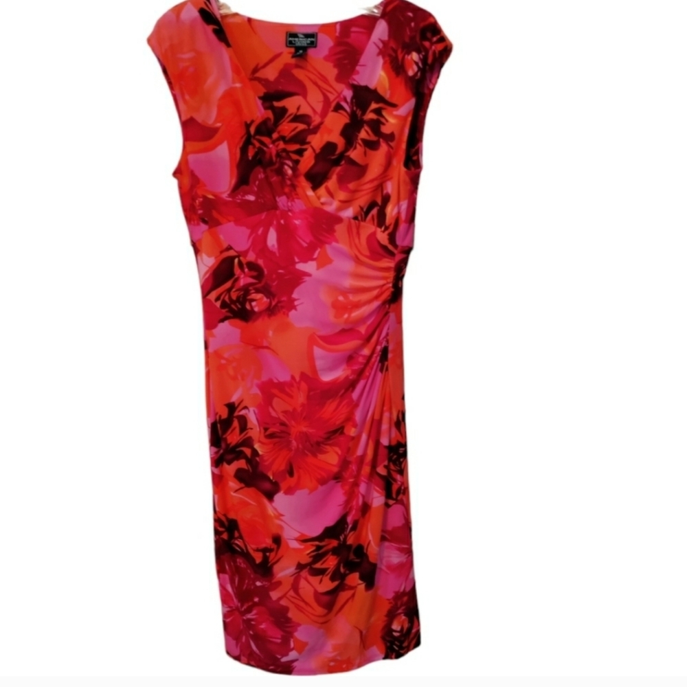 American Living Pink & Red V-Neck Side Waist Gathered Dress - Size 10